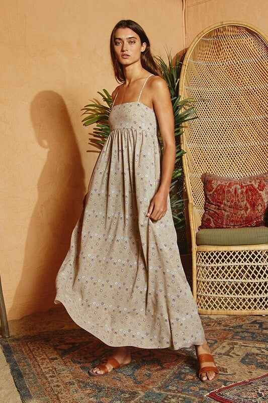Mabel Tie Back Floral Maxi Dress ~ Light Olive