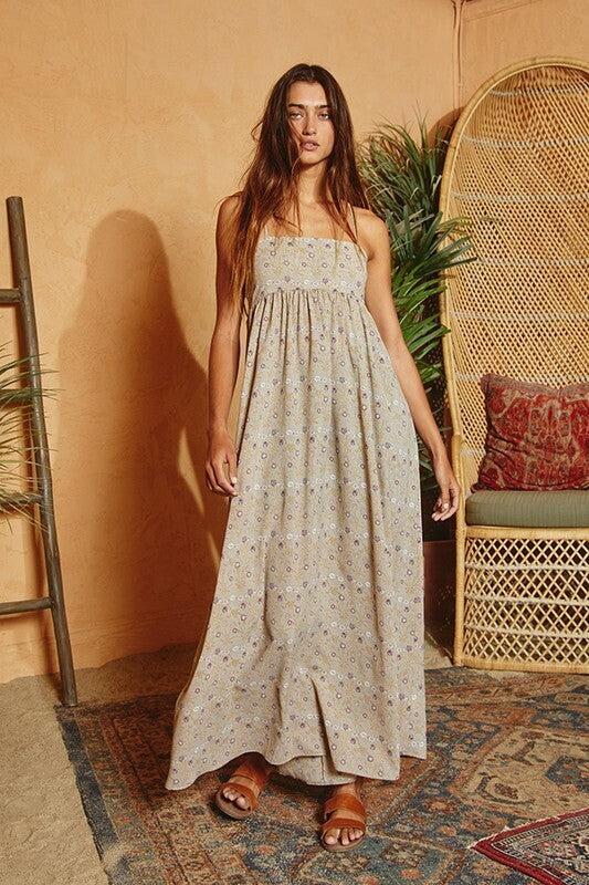 Mabel Tie Back Floral Maxi Dress ~ Light Olive