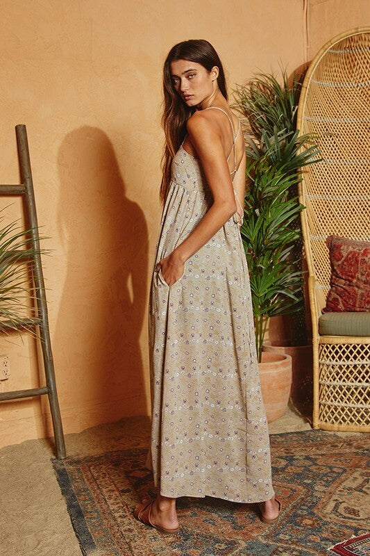 Mabel Tie Back Floral Maxi Dress ~ Light Olive