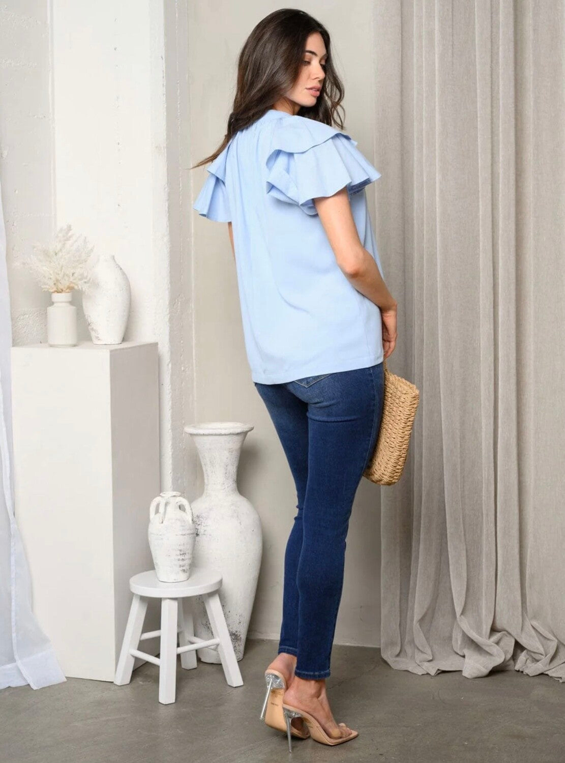 Marley Mock Neck Ruffle Sleeve Top ~ Ice Blue
