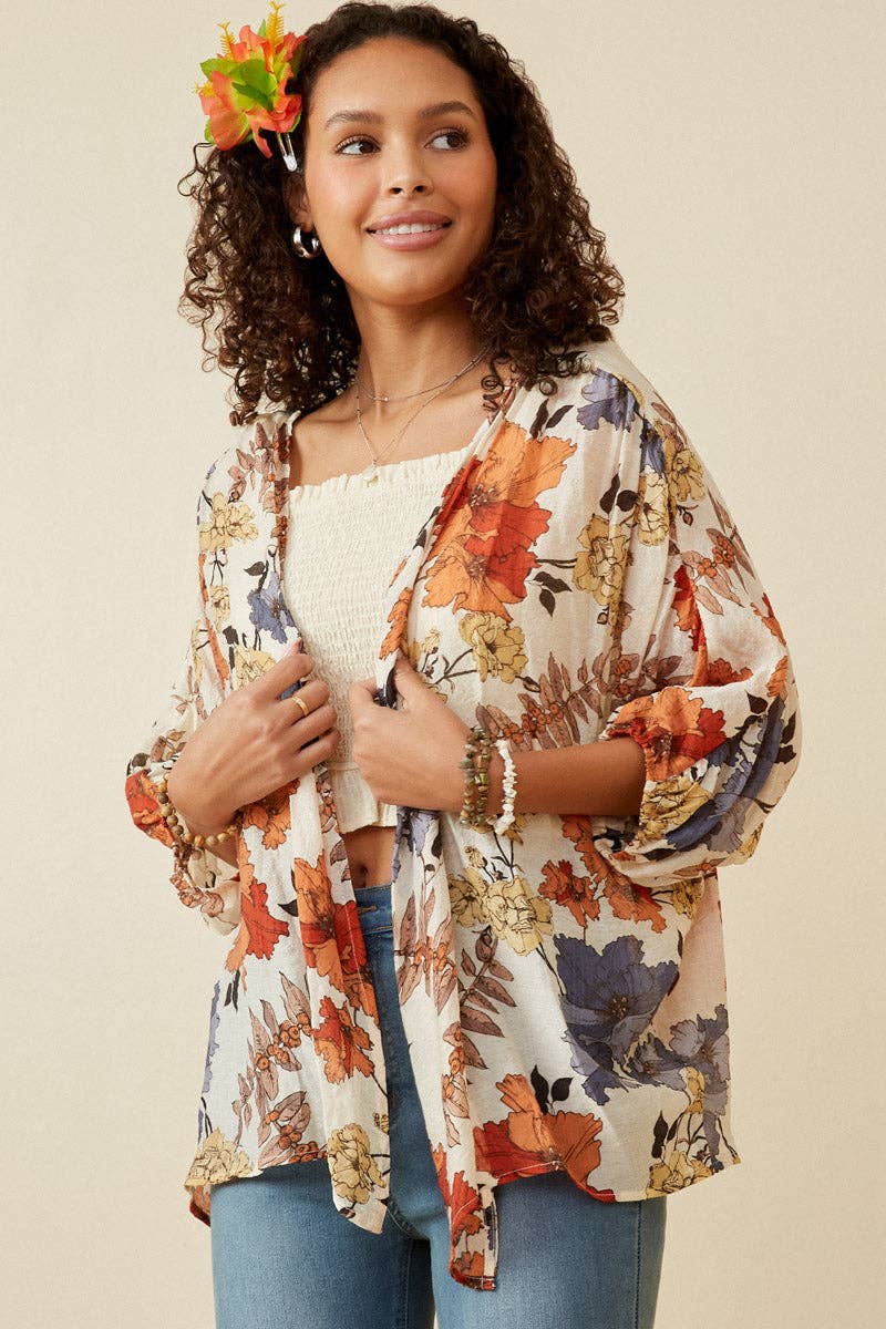 Tanya Textured Floral 3/4 Sleeve Open Kimono - Rust Mix
