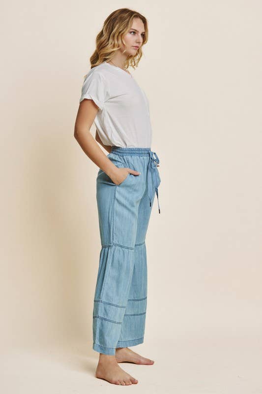 Trinity Tiered Wide Leg Pants ~ Washed Chambray