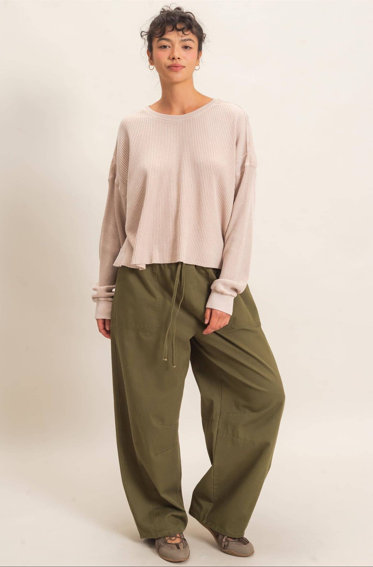 Mya Mineral Wash Waffle Open Back Top ~ Dark Taupe