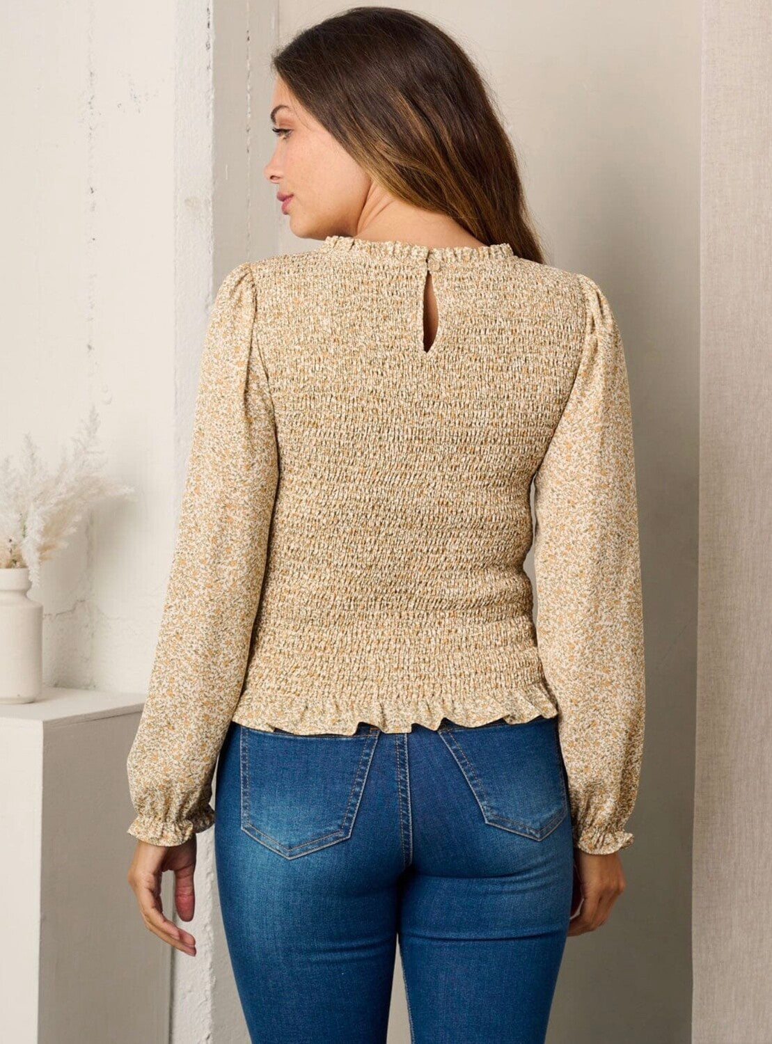 Emily Smock Floral Peplum Top ~ Biege