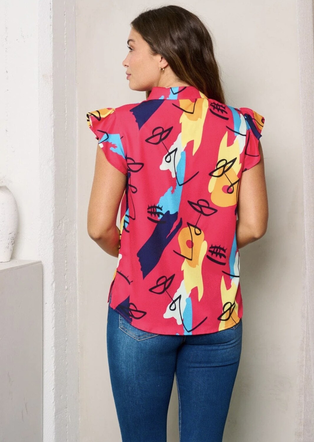 Ruth Ruffle Sleeve Multi Print Top ~ Fuchsia