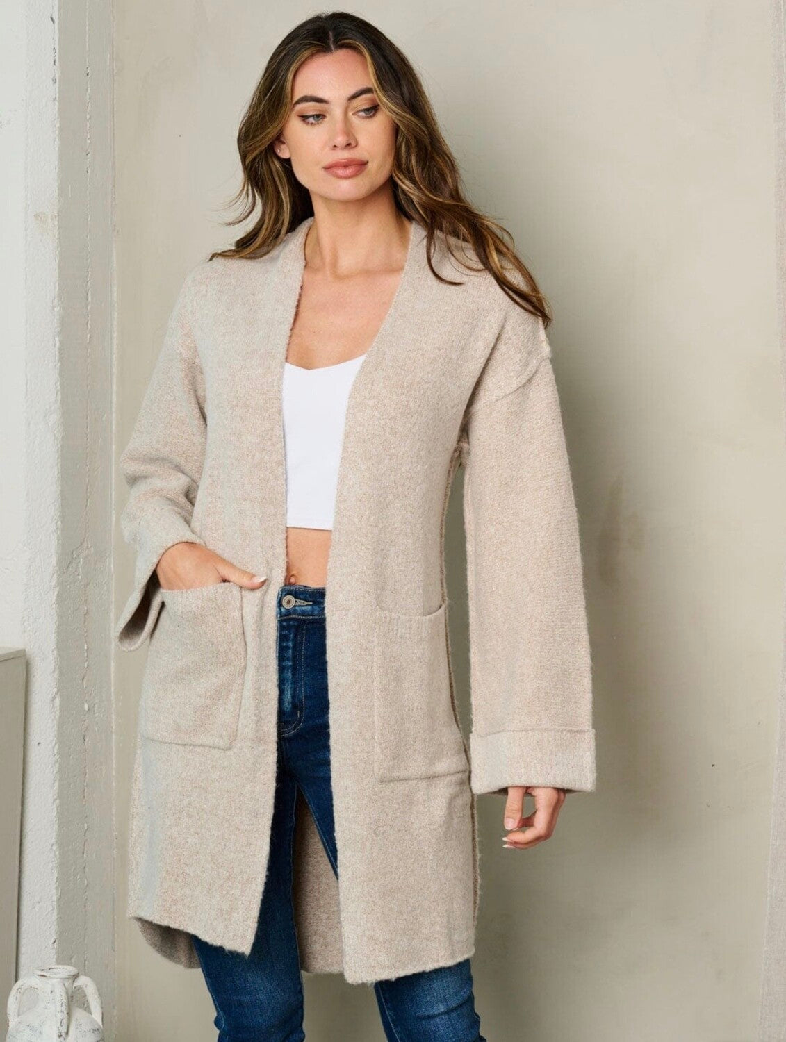 Tabby Front Pocket Open Cardigan ~ Taupe