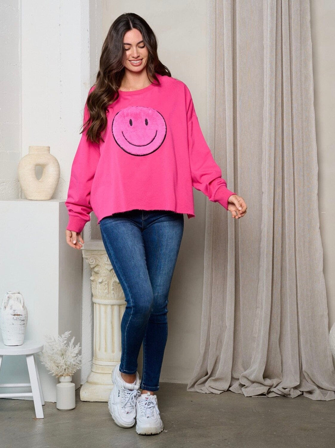 Smiley Face Fuzzy Graphic Pullover ~ Fuchsia