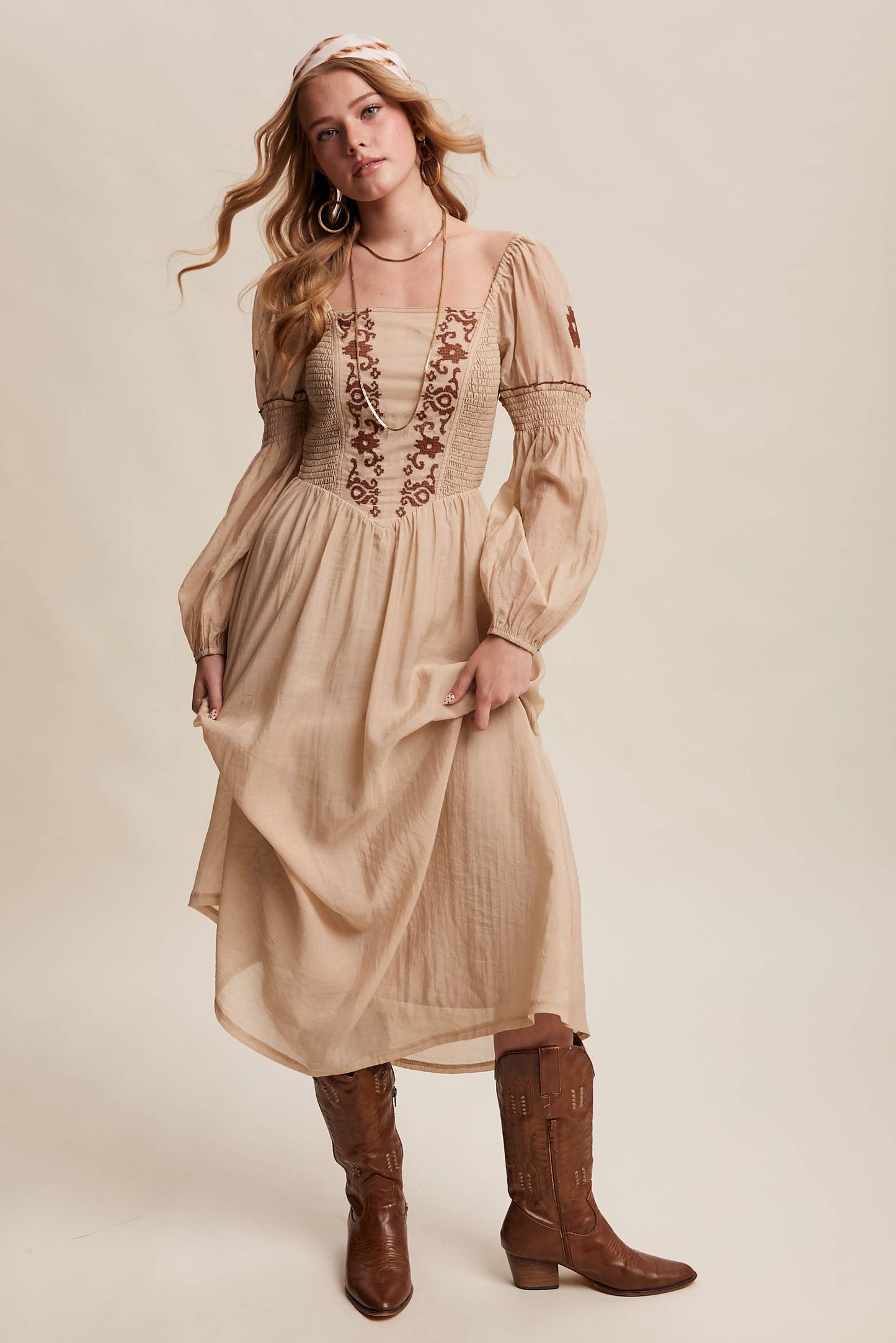 Emma Embroidered Square Neck Puff Sleeve Maxi Dress ~ Taupe