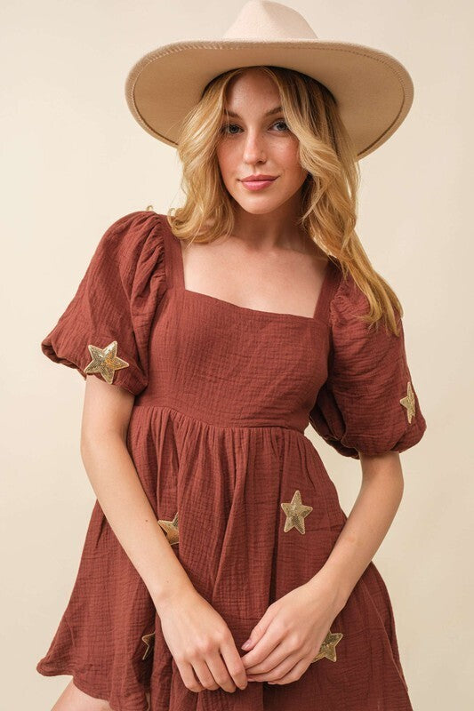 Madison Star Patch Baby Doll Romper ~ Brown