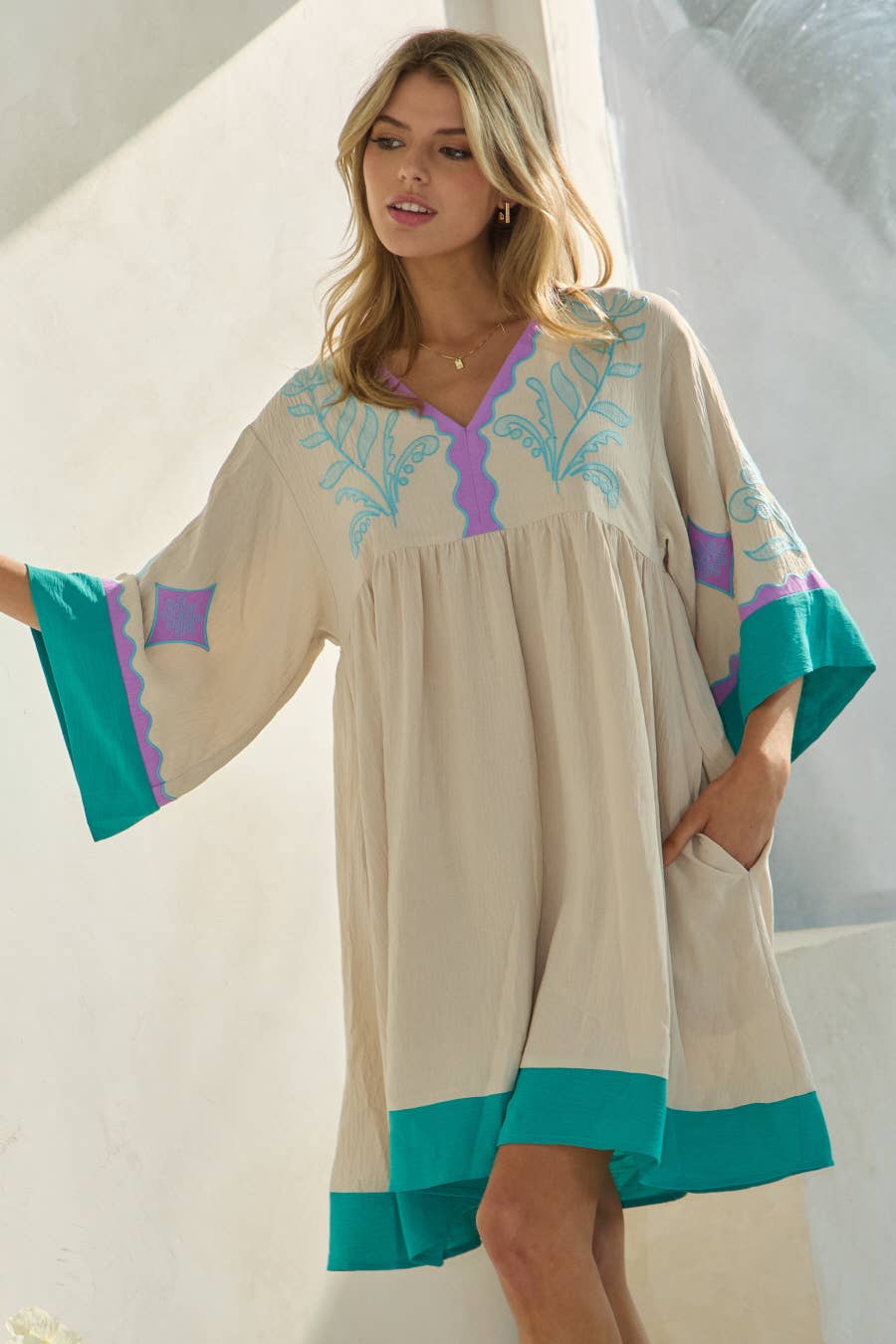 Emily Embroidered Plunge V Neck Mini Dress ~ Turquoise