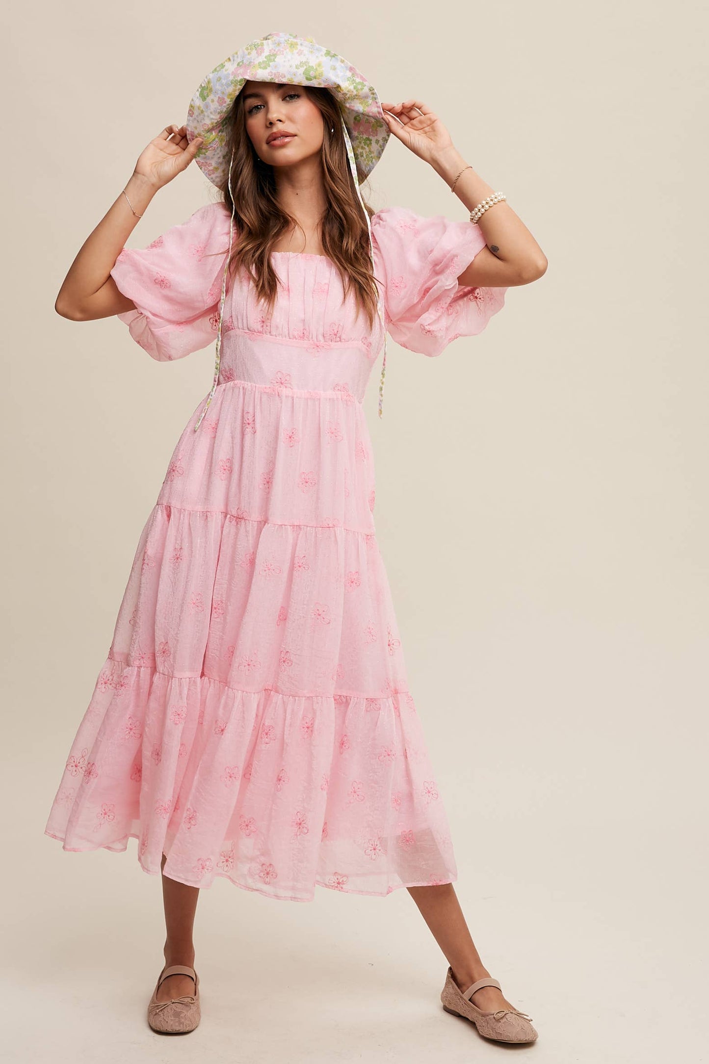 Ella Embroidered Puff Sleeve Tiered Midi Dress ~ Pink