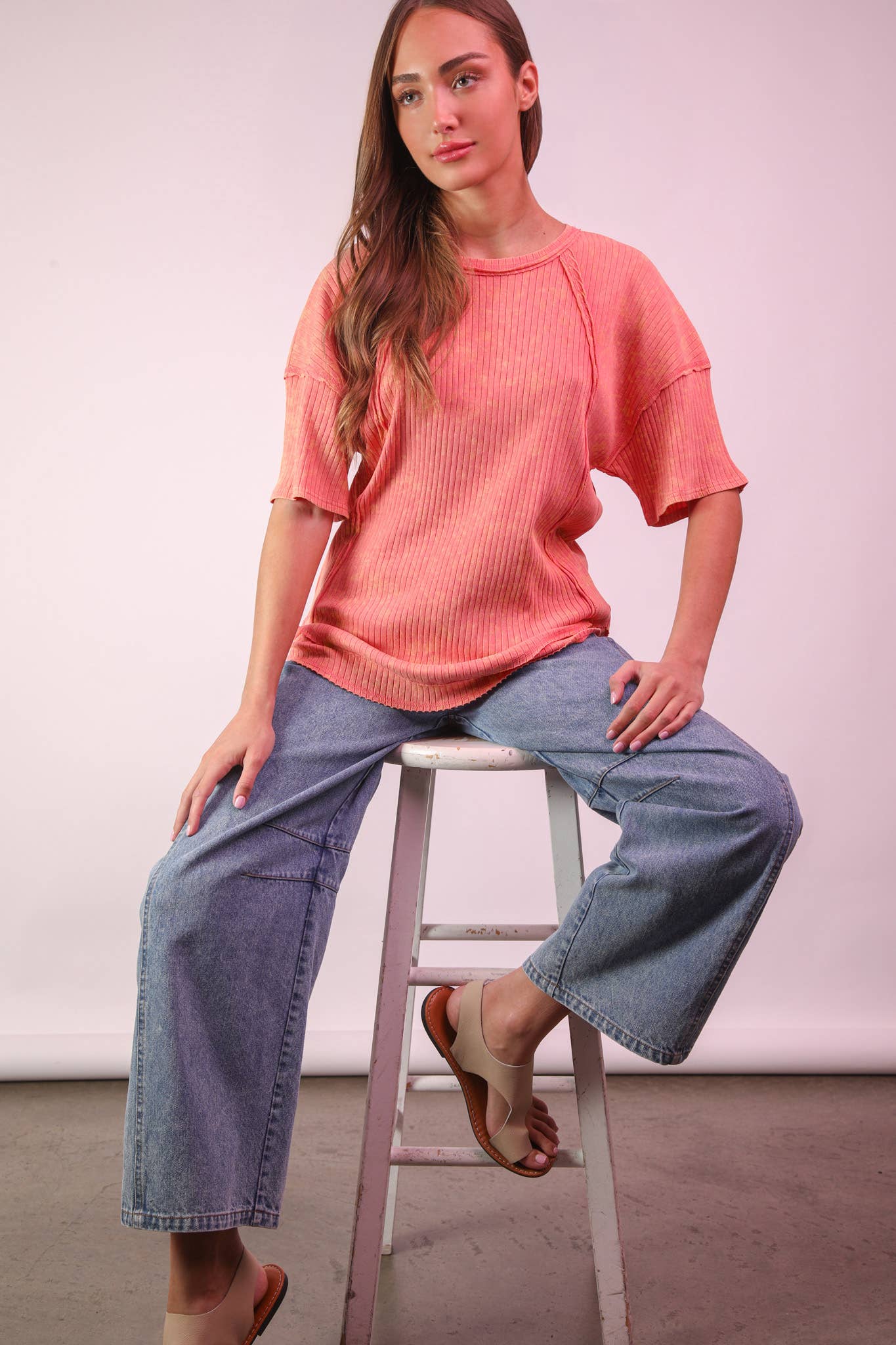 Margot Mineral Wash Ribbed Knit Top ~ Coral