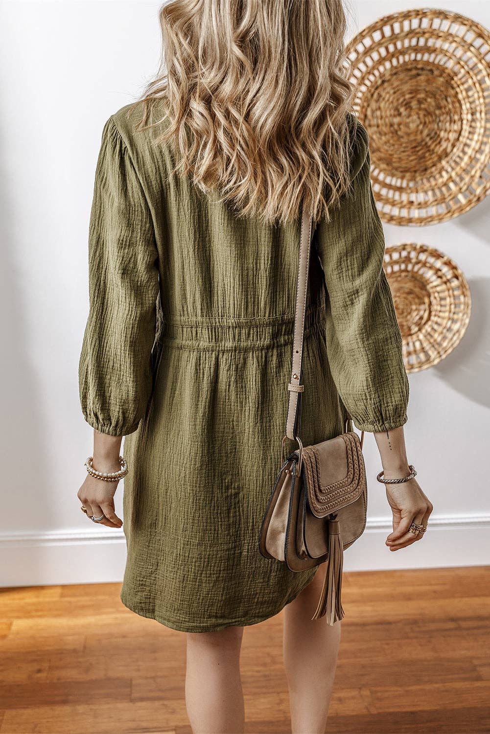 Harmony Textured Button Up Dual Tied Dress ~ Olive