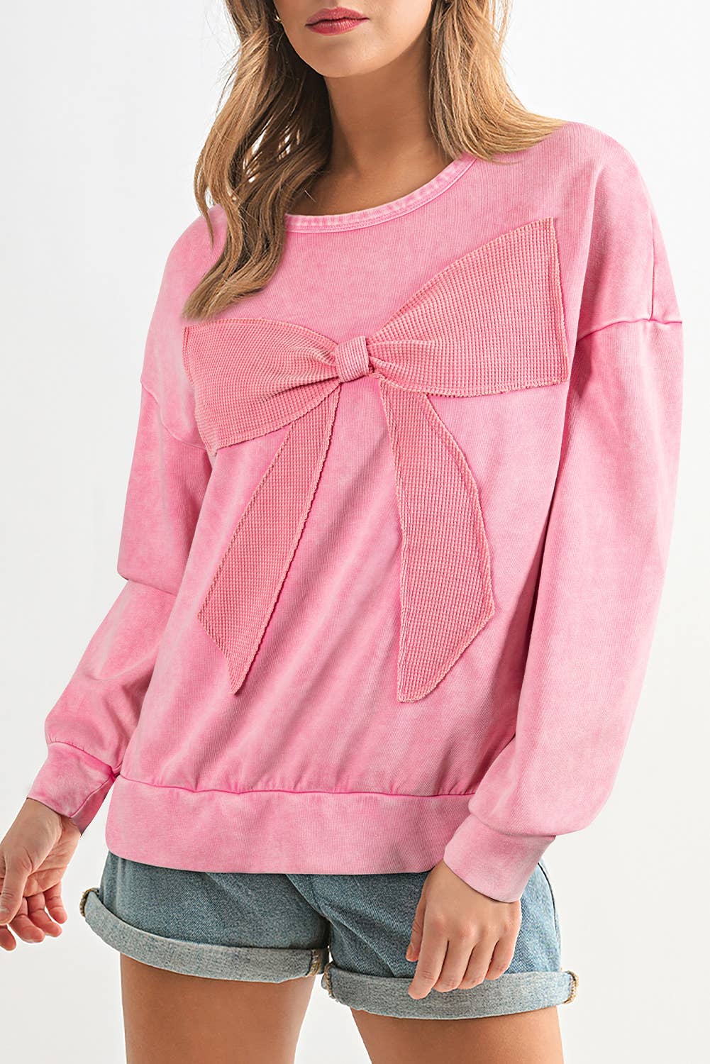 Marrisa Mineral Wash Big Bow Patch Top ~ Pink
