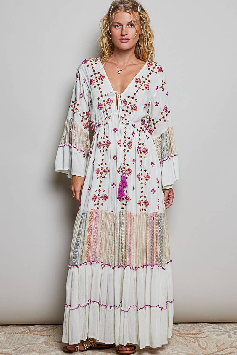 Boho V-Neck Tassel Merrow Edge Cotton Tiered Dress ~ Ivory