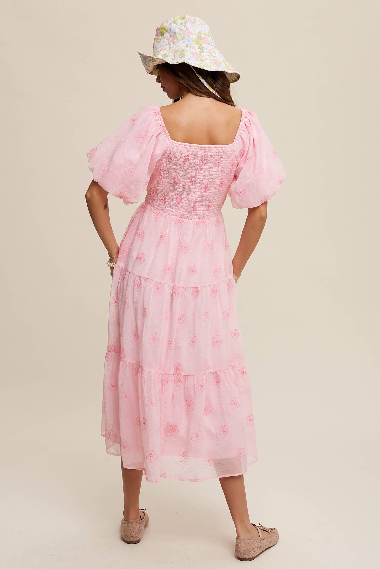 Ella Embroidered Puff Sleeve Tiered Midi Dress ~ Pink