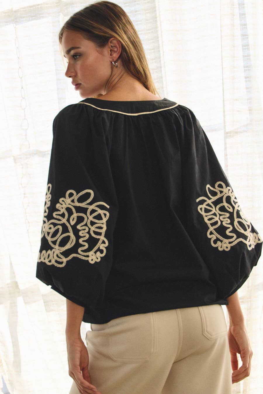 Remy Embroidered Balloon Sleeve Top ~ Black