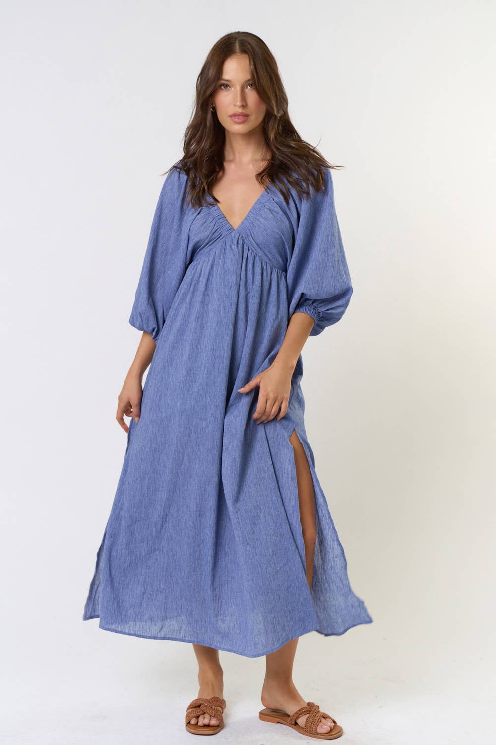 Valencia V Neck Puff Sleeve Midi Dress ~ Blue