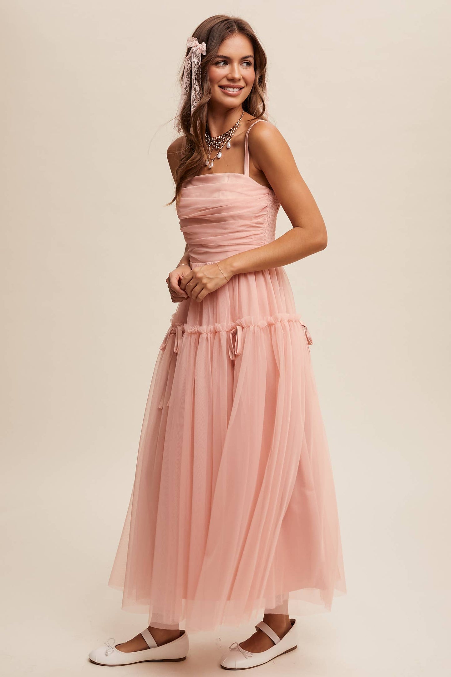 Rosie Ruched Tulle Ribbon Detail Midi Dress ~ Blush