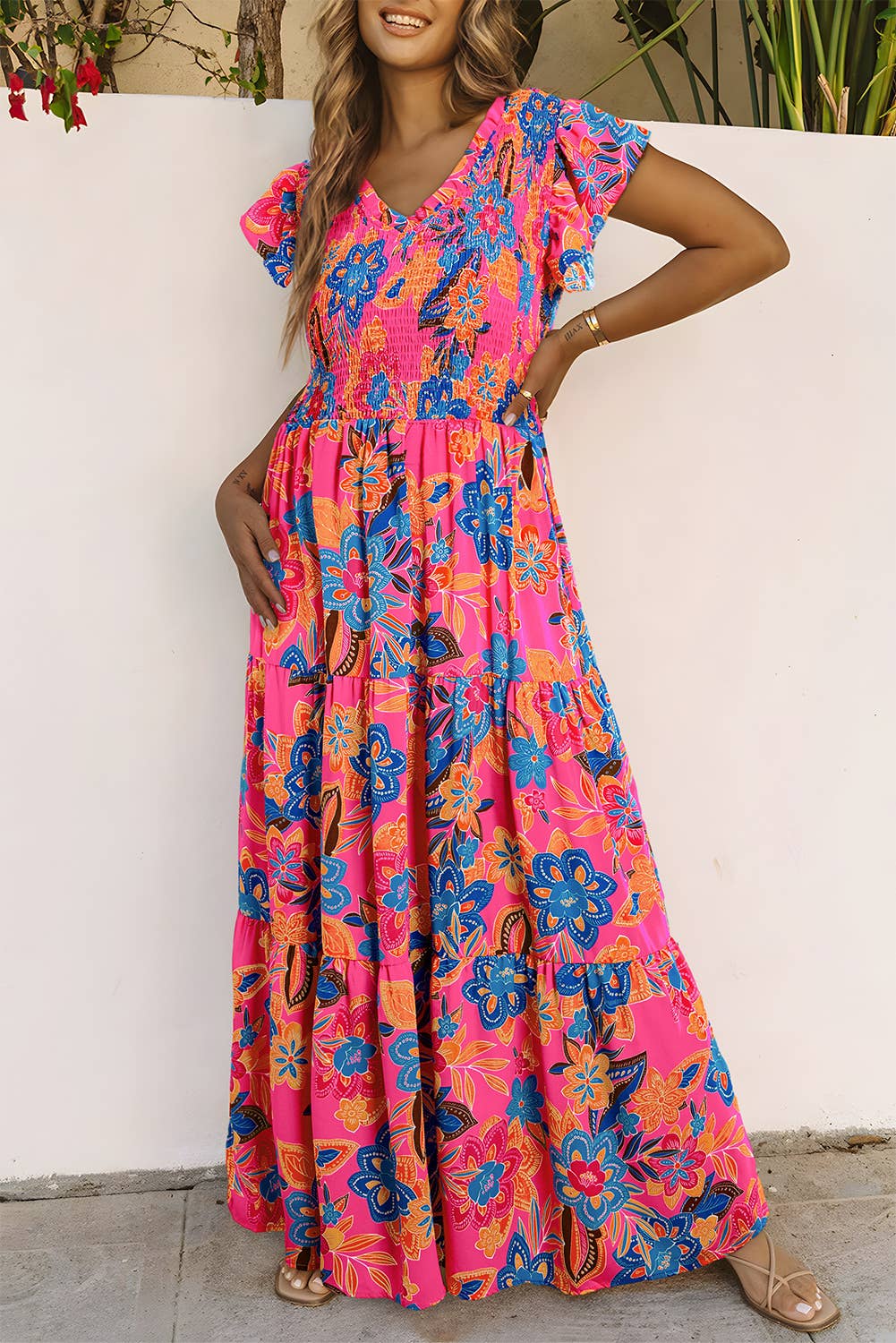 Blakely Boho Floral Ruffle Tiered Maxi Dress ~ Hot Pink