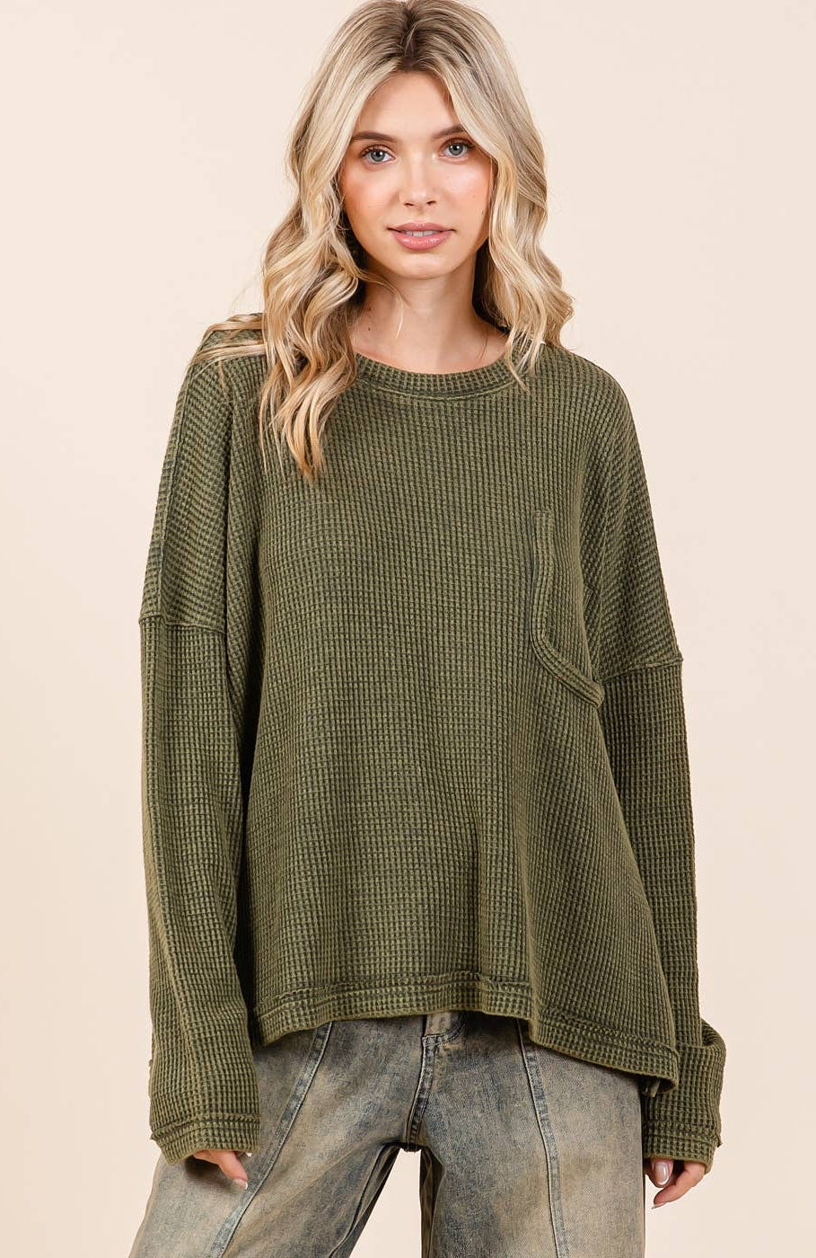 Myra Mineral Wash Cutout Pocket Waffle Top ~ Olive