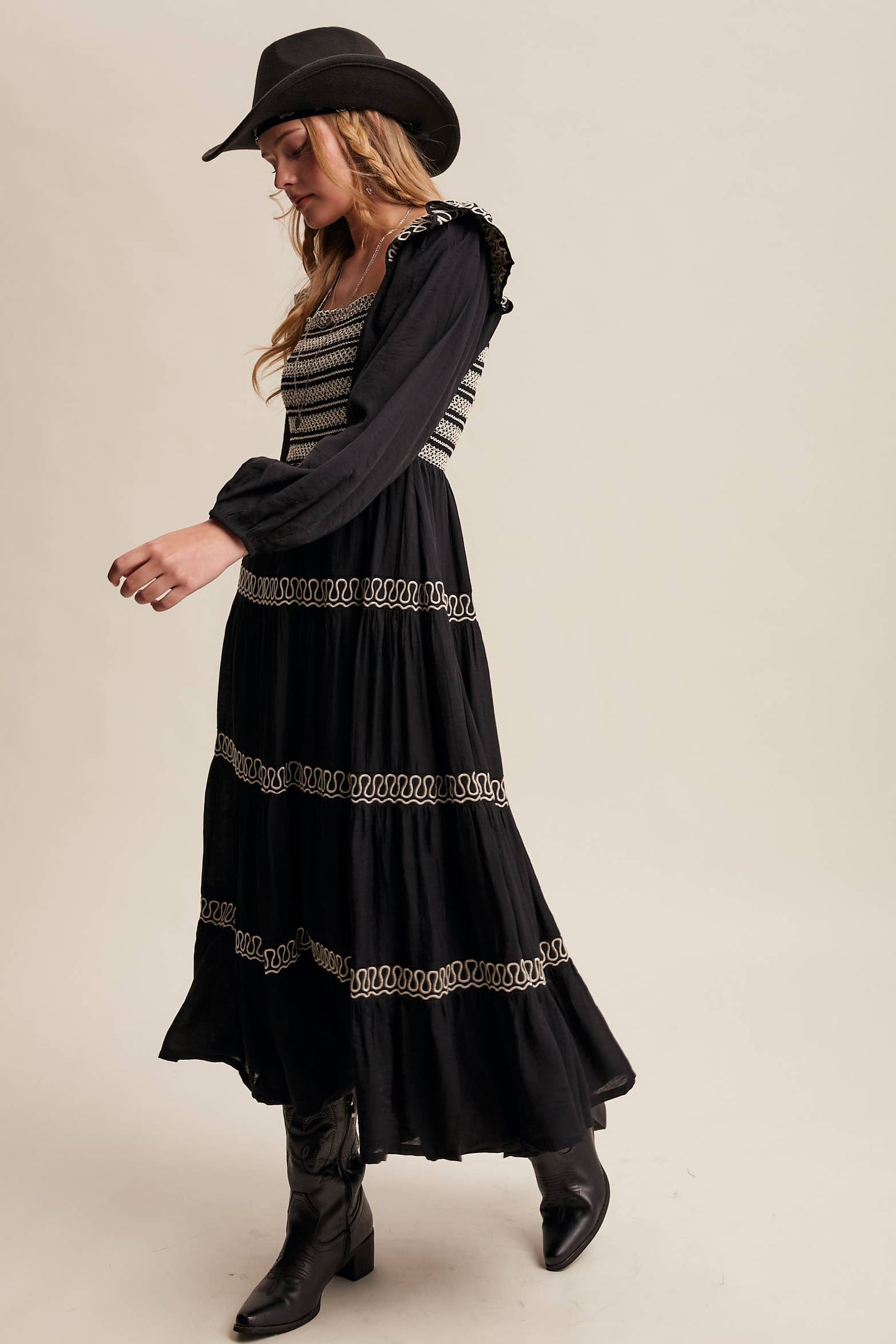 Sammie Smocked Western Maxi Dress ~ Black