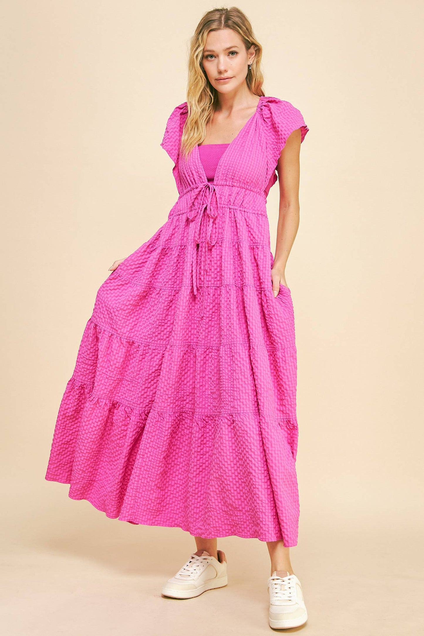 Cassie Crinkled Texture Flutter Sleeve Midi Dress ~ Orchid