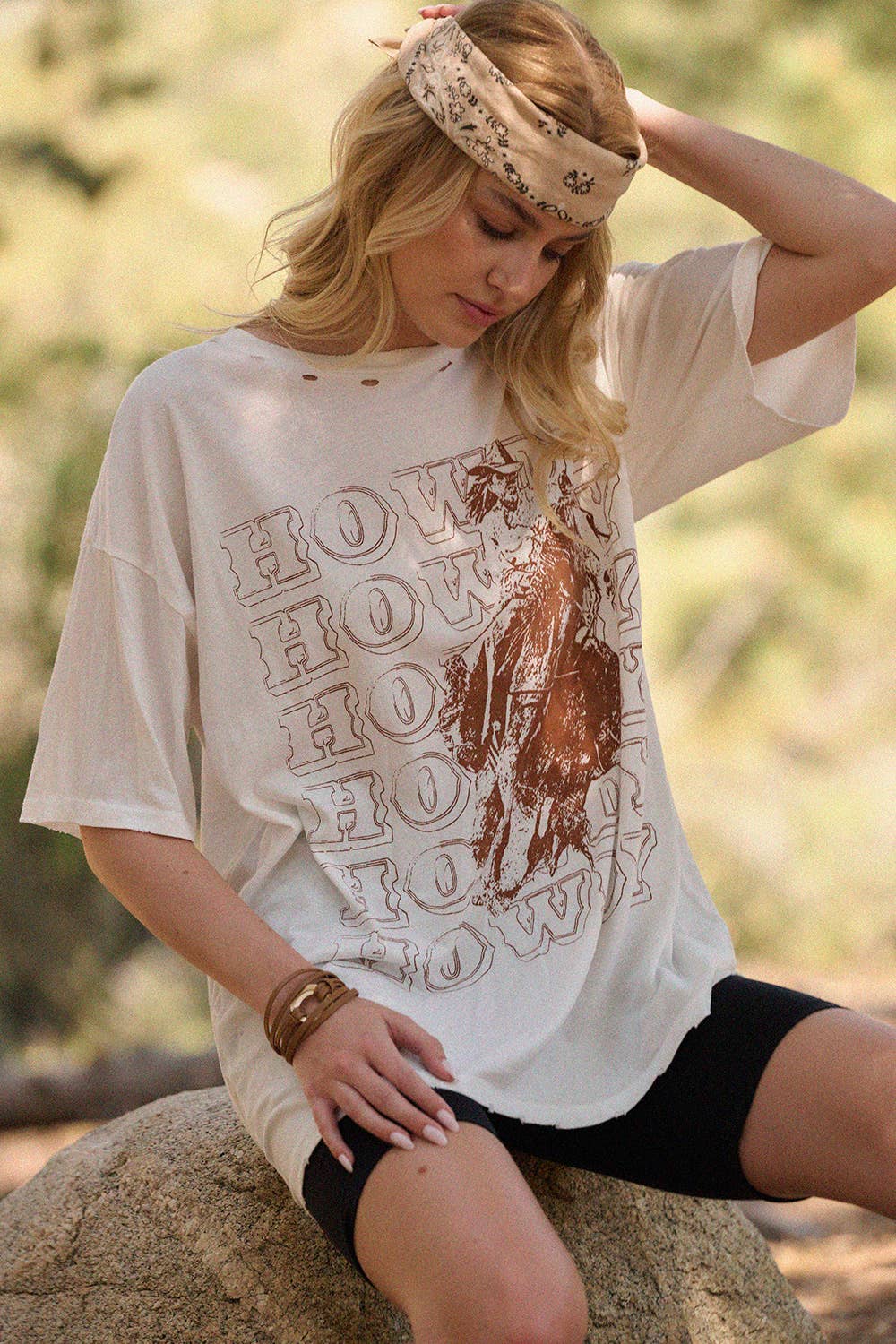 Howdy Cowboy Distress Oversize Graphic Tee ~ Ivory