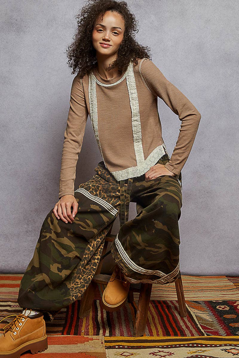 Regan Raw Edge Eyelet Patch Rib Knit Top ~ Mocha Mousse
