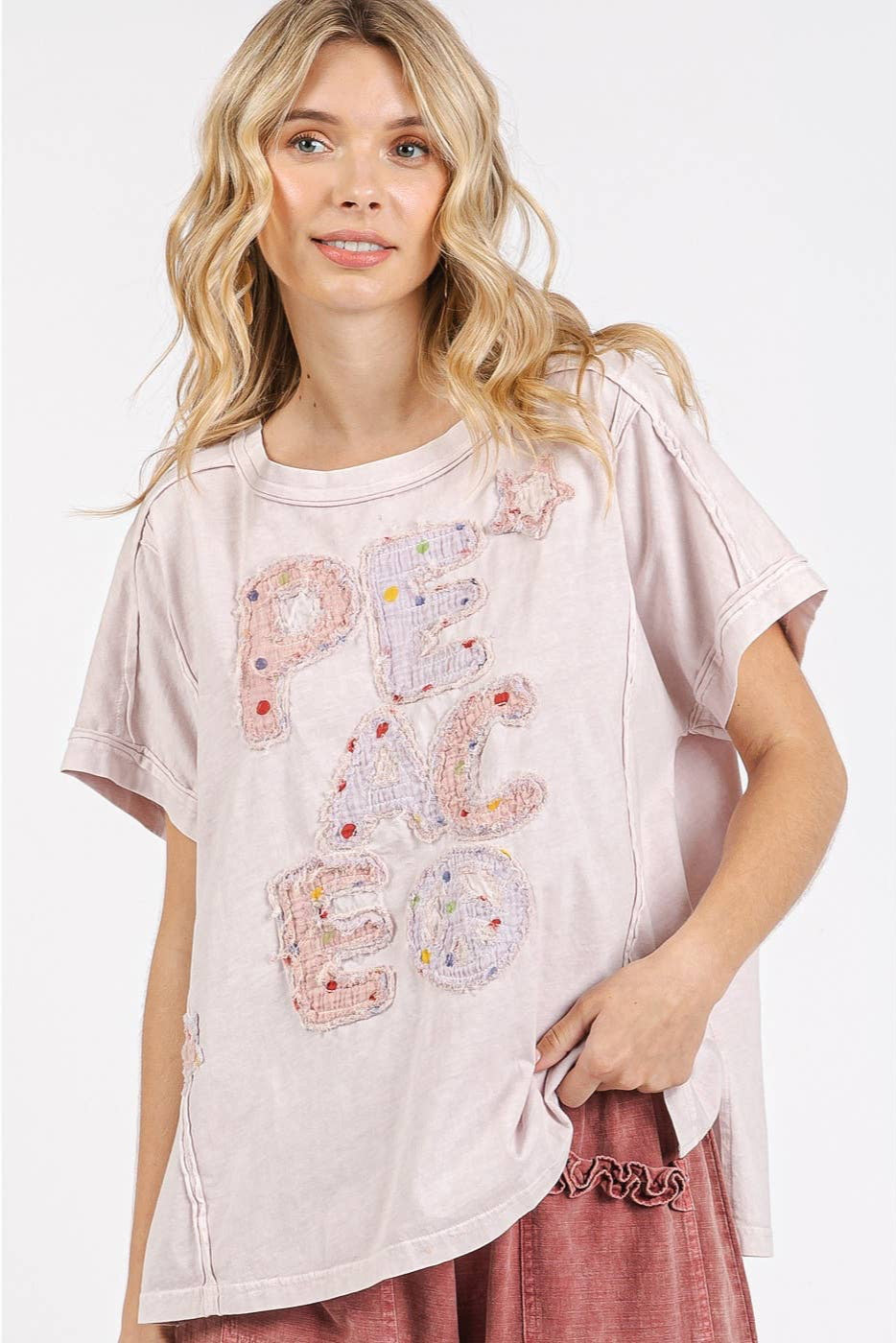 Paige Peace Sign Patchwork Top ~ Powder Pink