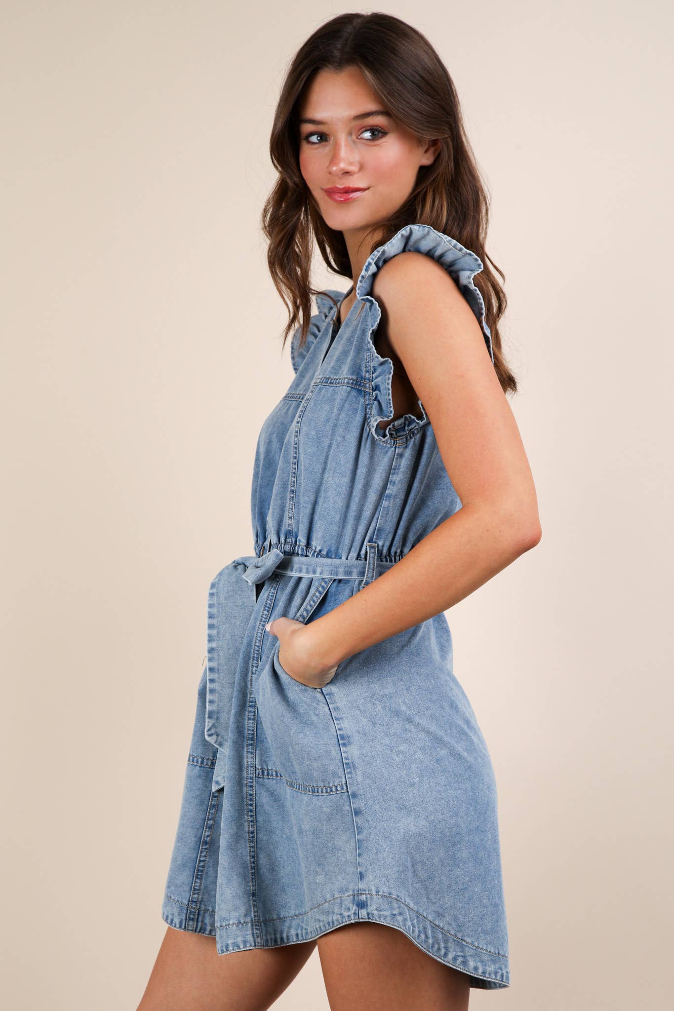 Waverly Washed Ruffle Detail Mini Dress ~ Chambray
