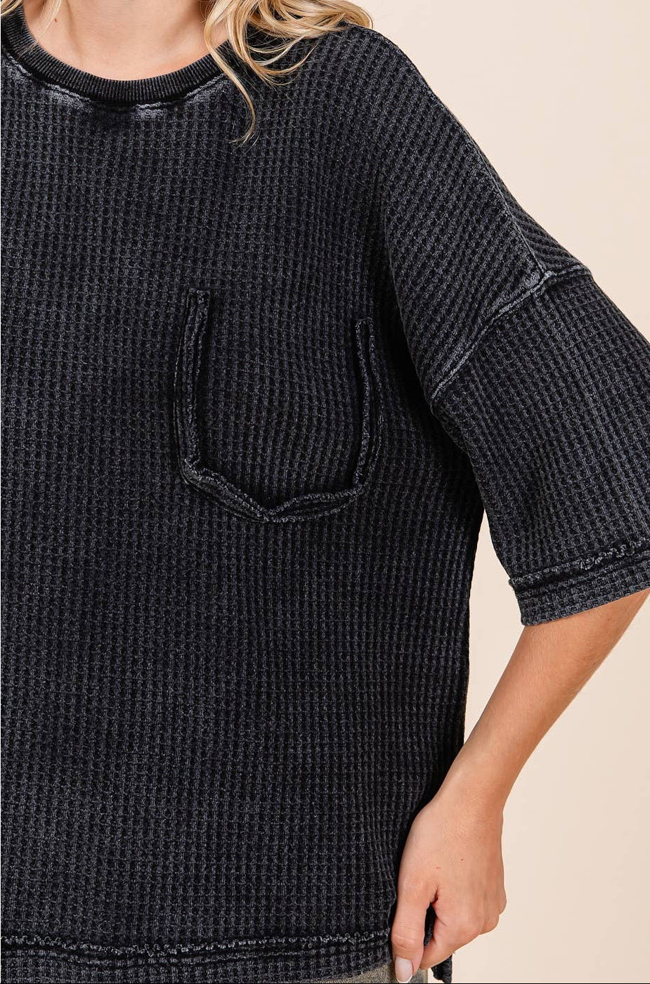 Mazie Mineral Wash Waffle Knit Top ~ Ash Black