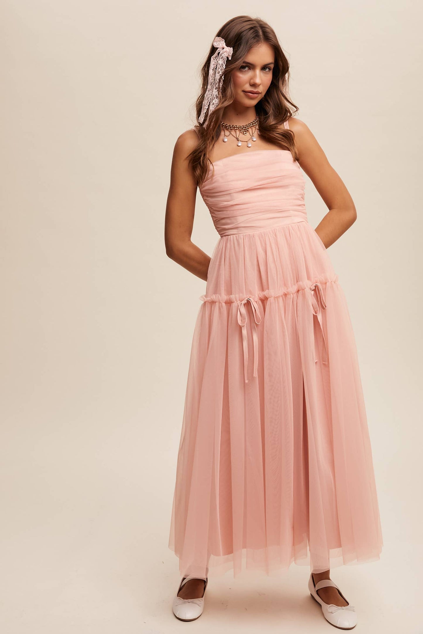 Rosie Ruched Tulle Ribbon Detail Midi Dress ~ Blush