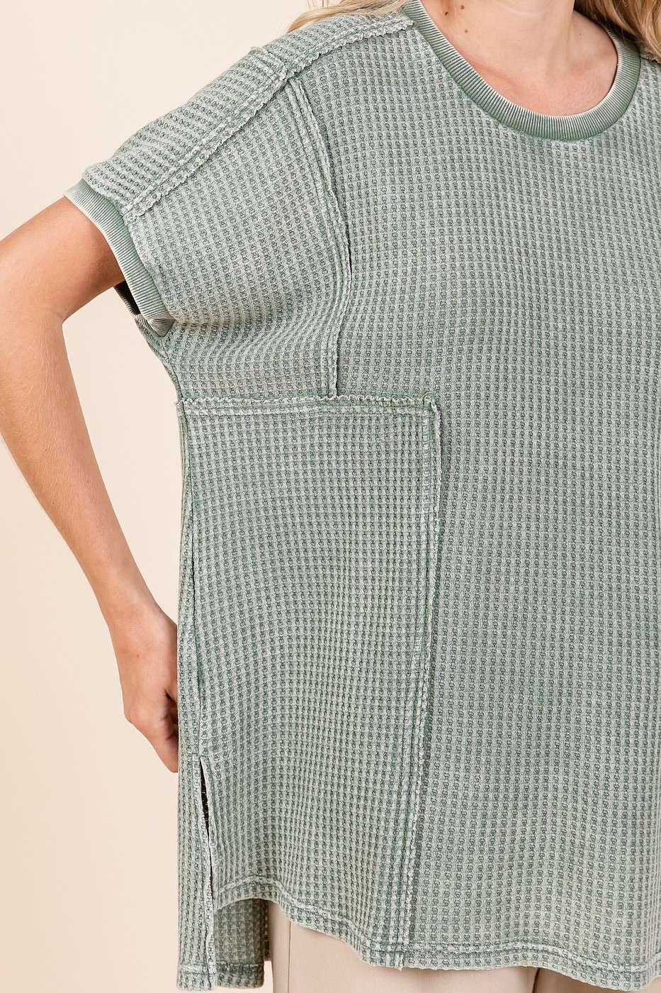 Ella Mineral Wash Waffle Knit Tunic Top ~ Matcha