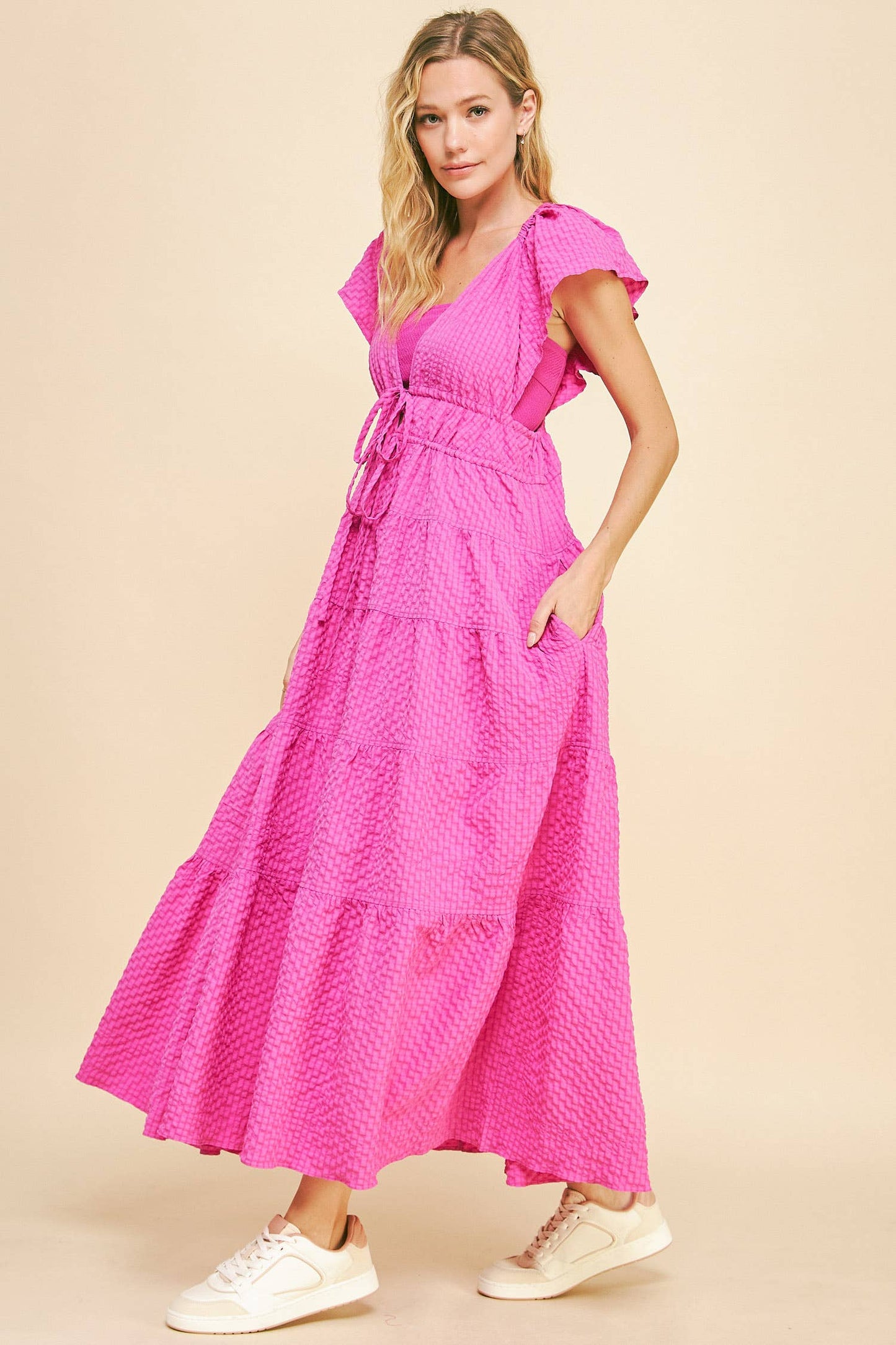 Cassie Crinkled Texture Flutter Sleeve Midi Dress ~ Orchid