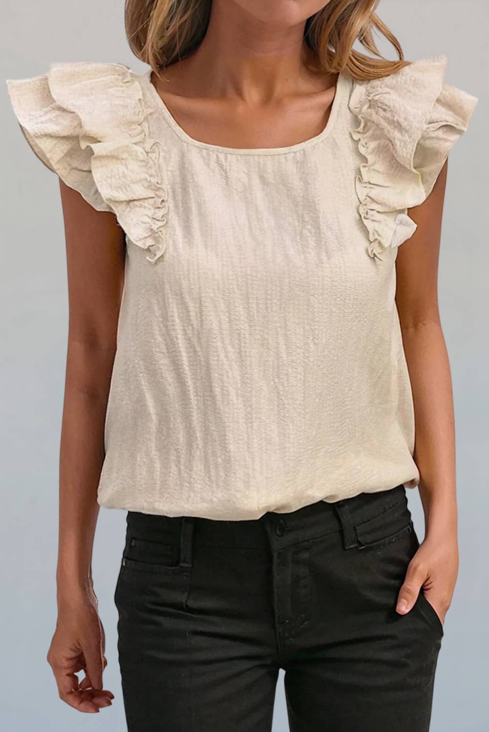 Teagon Textured Bow Knot Back Ruffled Top ~ Beige