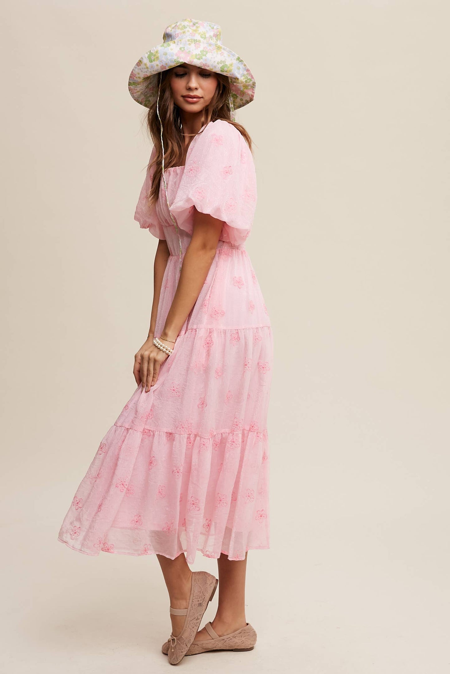 Ella Embroidered Puff Sleeve Tiered Midi Dress ~ Pink