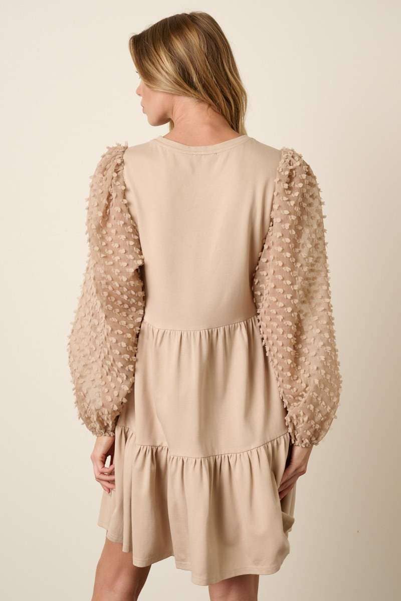 Ansley Sheer Sleeve Babydoll Mini Dress ~ Taupe