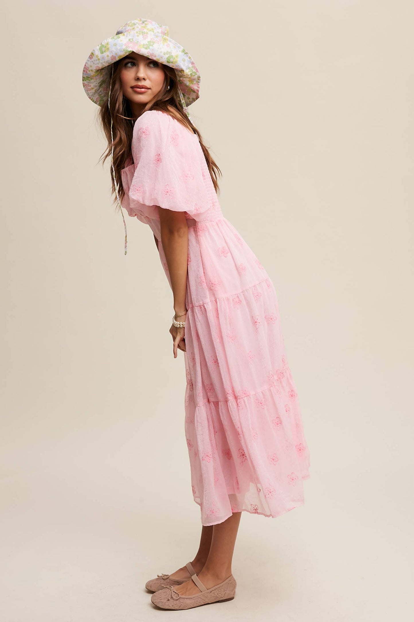 Ella Embroidered Puff Sleeve Tiered Midi Dress ~ Pink