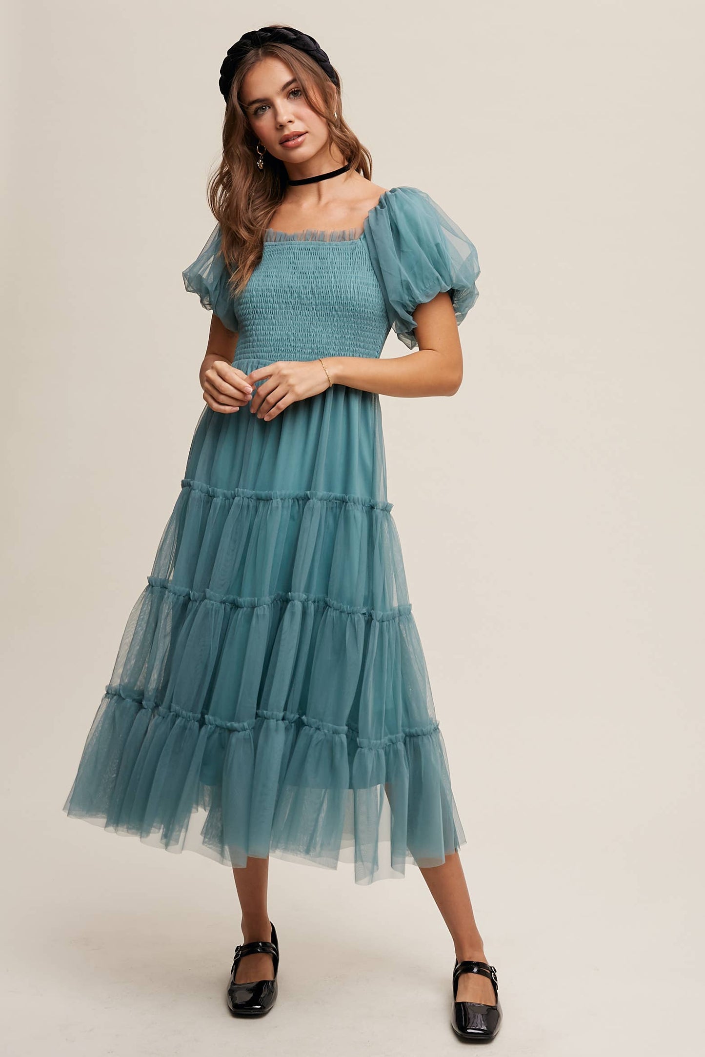 Teagon Tulle Smocked Puff Sleeve Midi Dress ~ Sagebrush