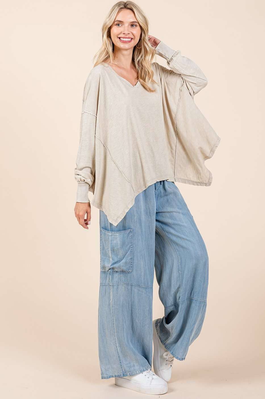 Cleo Mineral Wash V Neck Oversized Top ~ Stone
