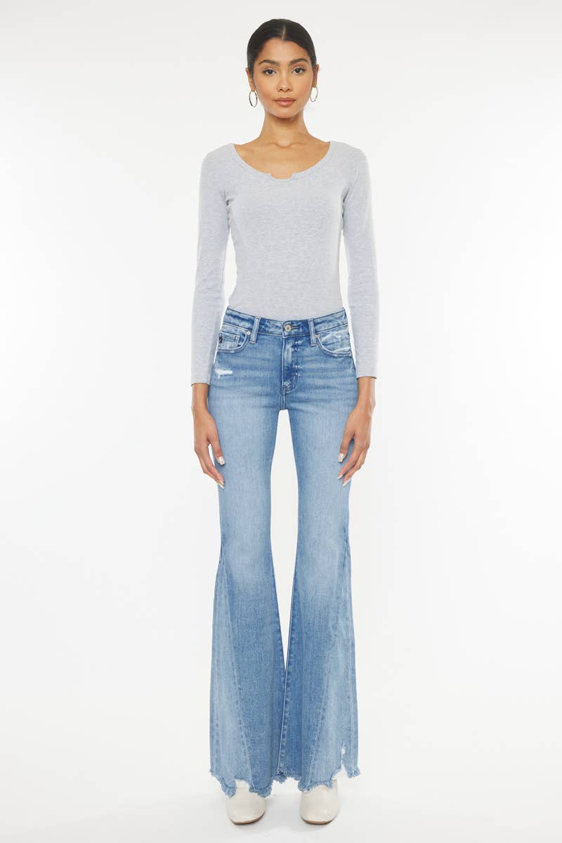 Stacey Mid Rise Raw Hem Flare Jeans ~ Light Denim