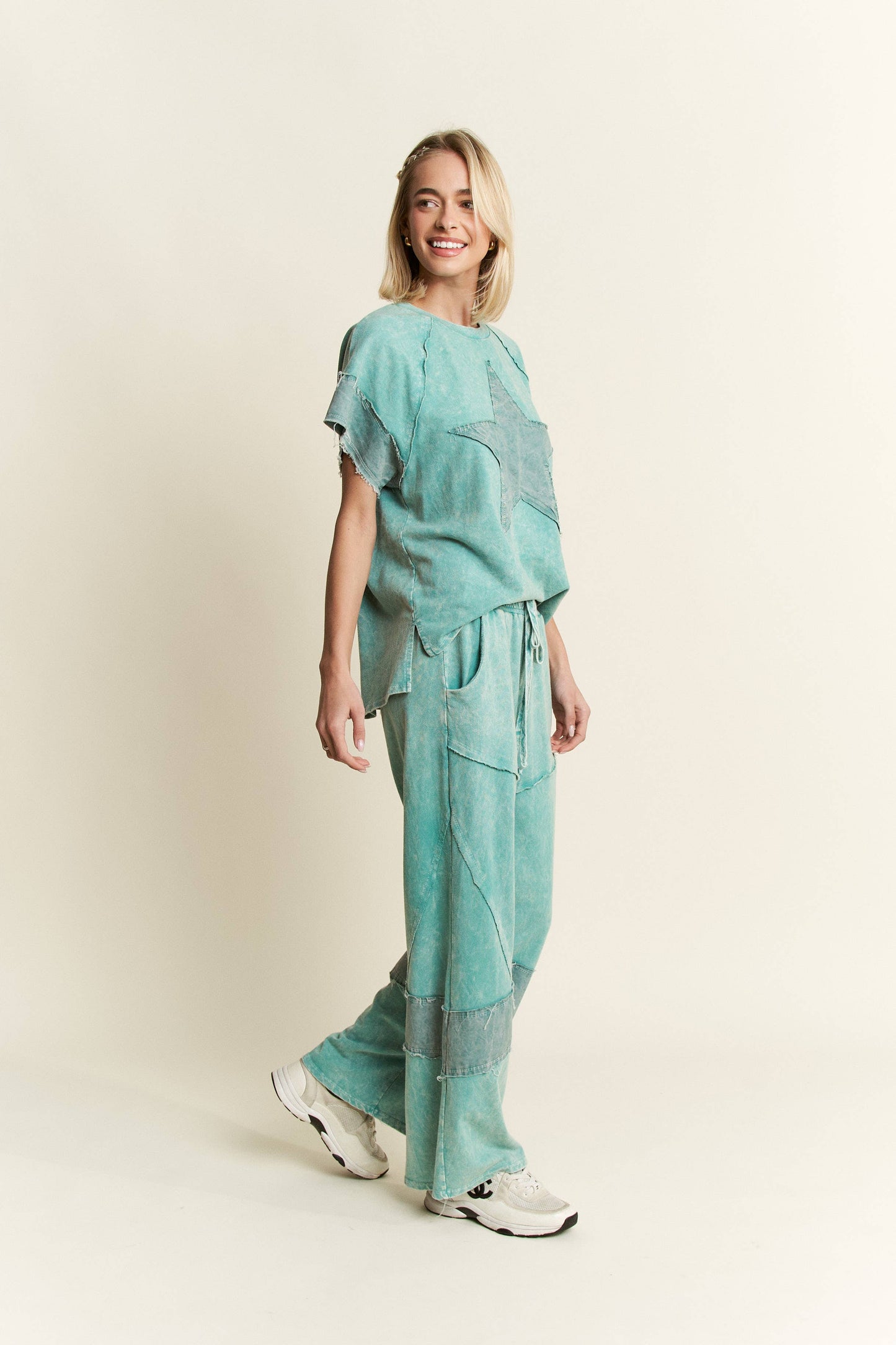 Morgan Mineral Washed Denim Star Top ~ Teal