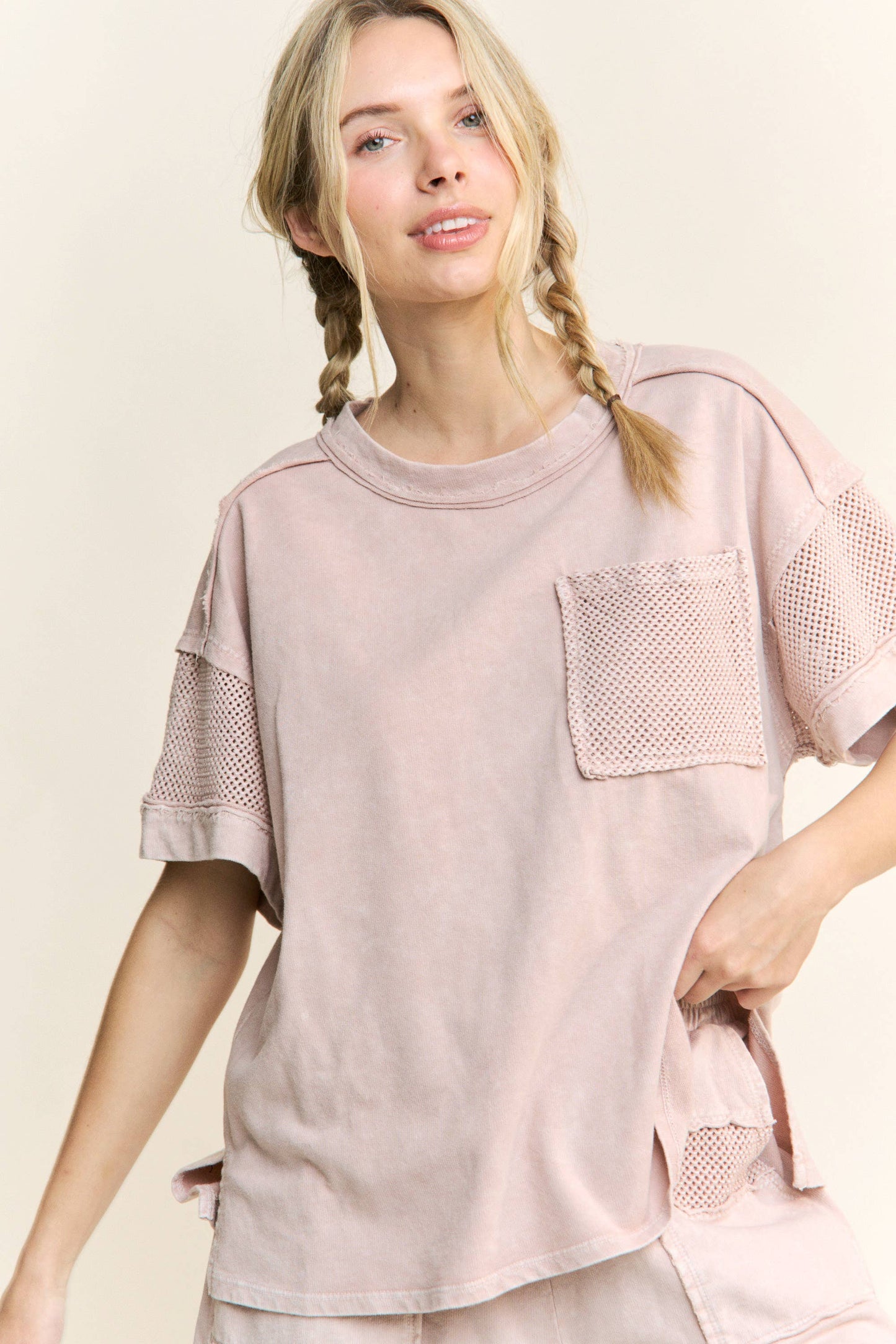 Matilda Mineral Wash Mesh Pocket Sleeve Top ~ Clay