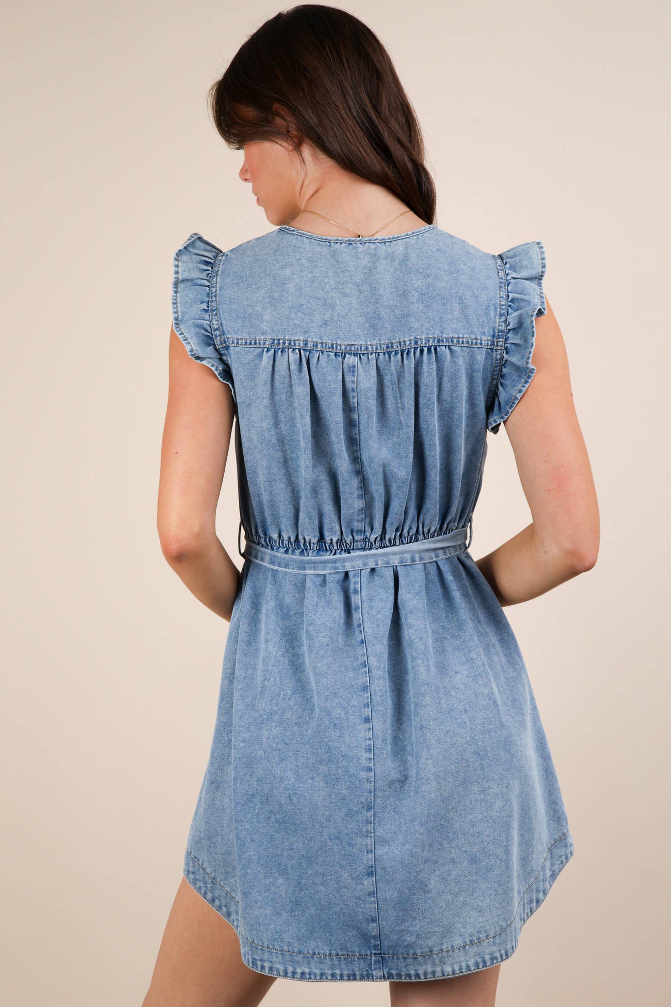 Waverly Washed Ruffle Detail Mini Dress ~ Chambray