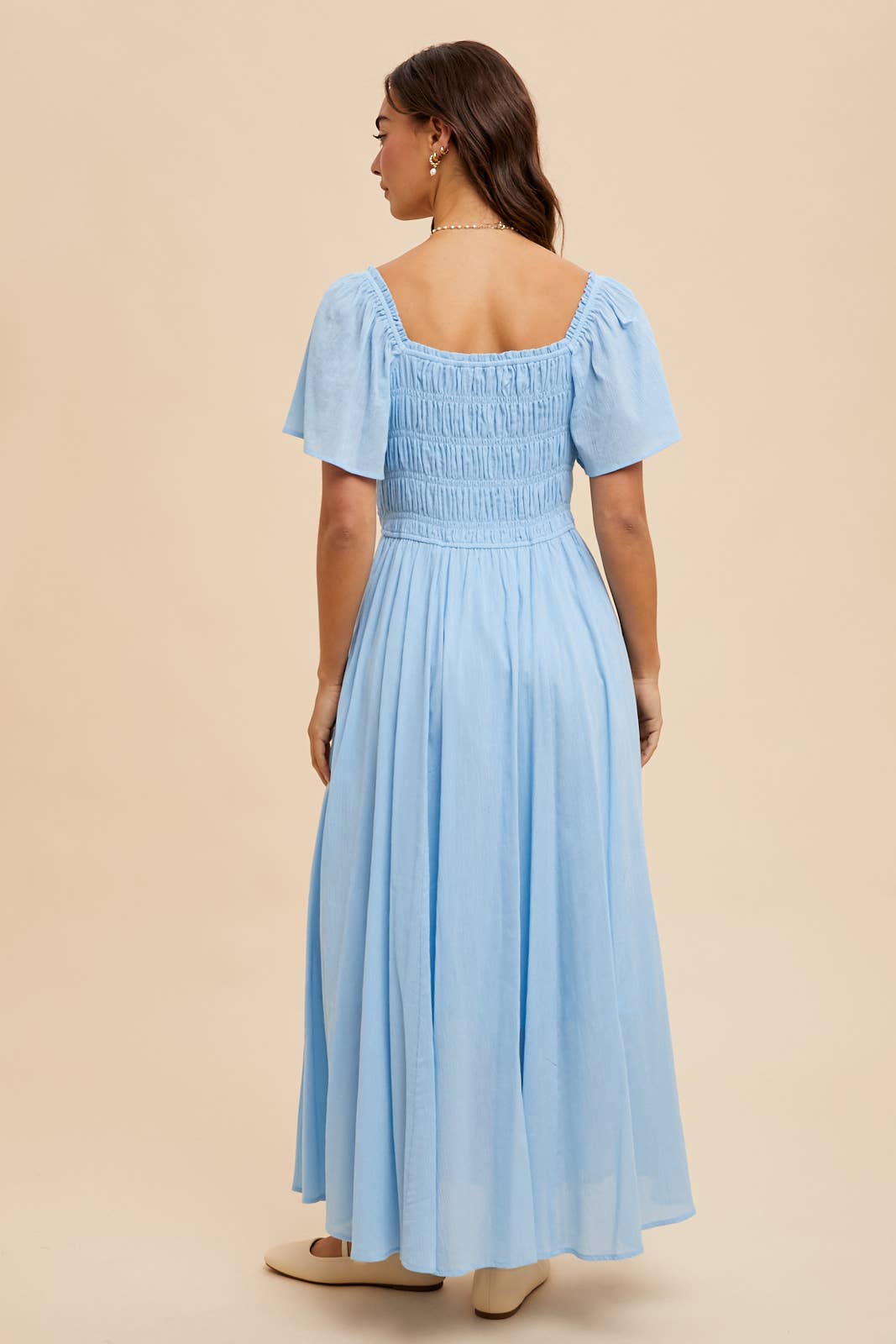 Sadie Shirred Bodice Button Maxi Dress ~ Airy Blue