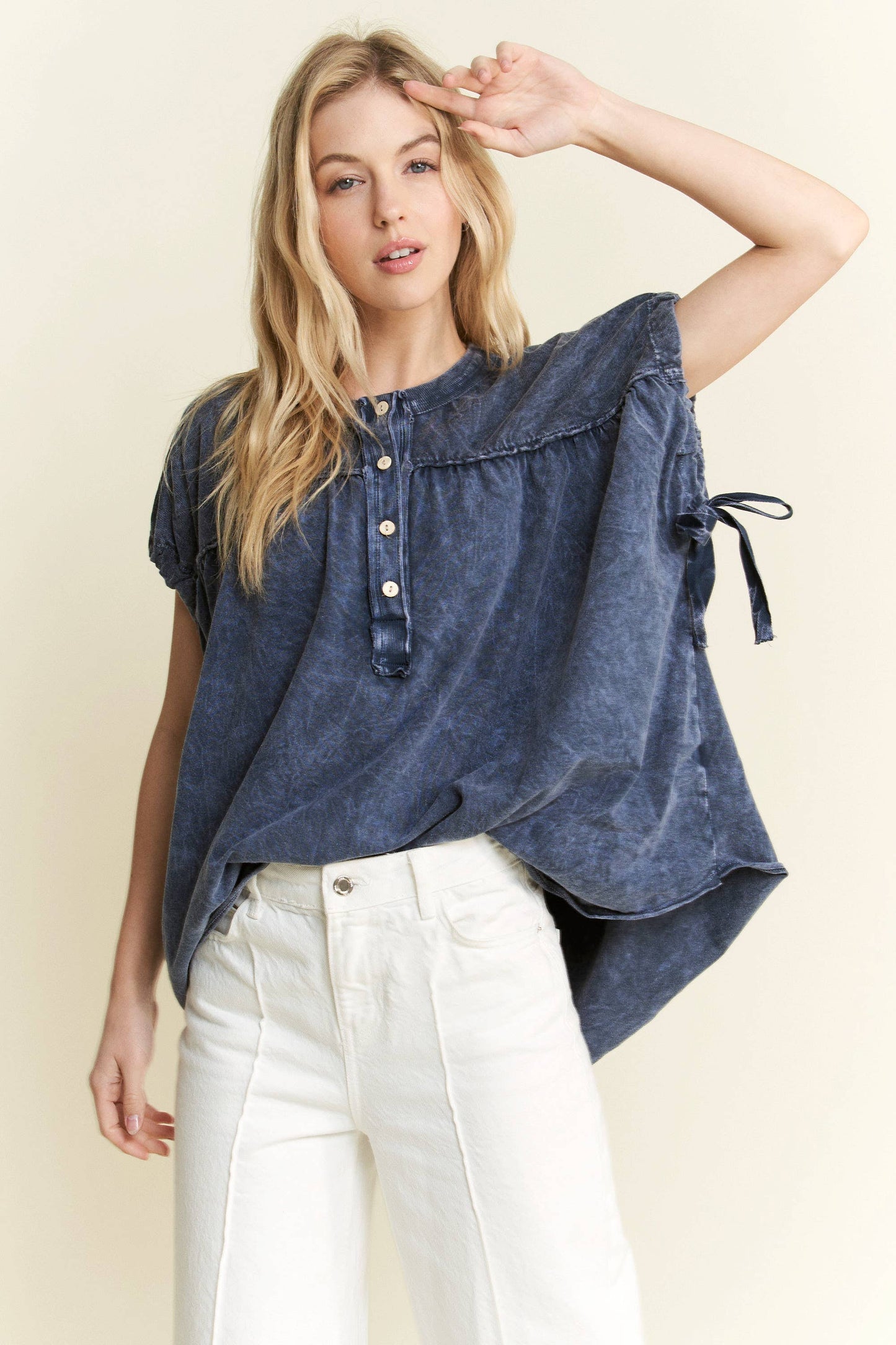 Henley Mineral Wash Ribbon Detail Top ~ Navy