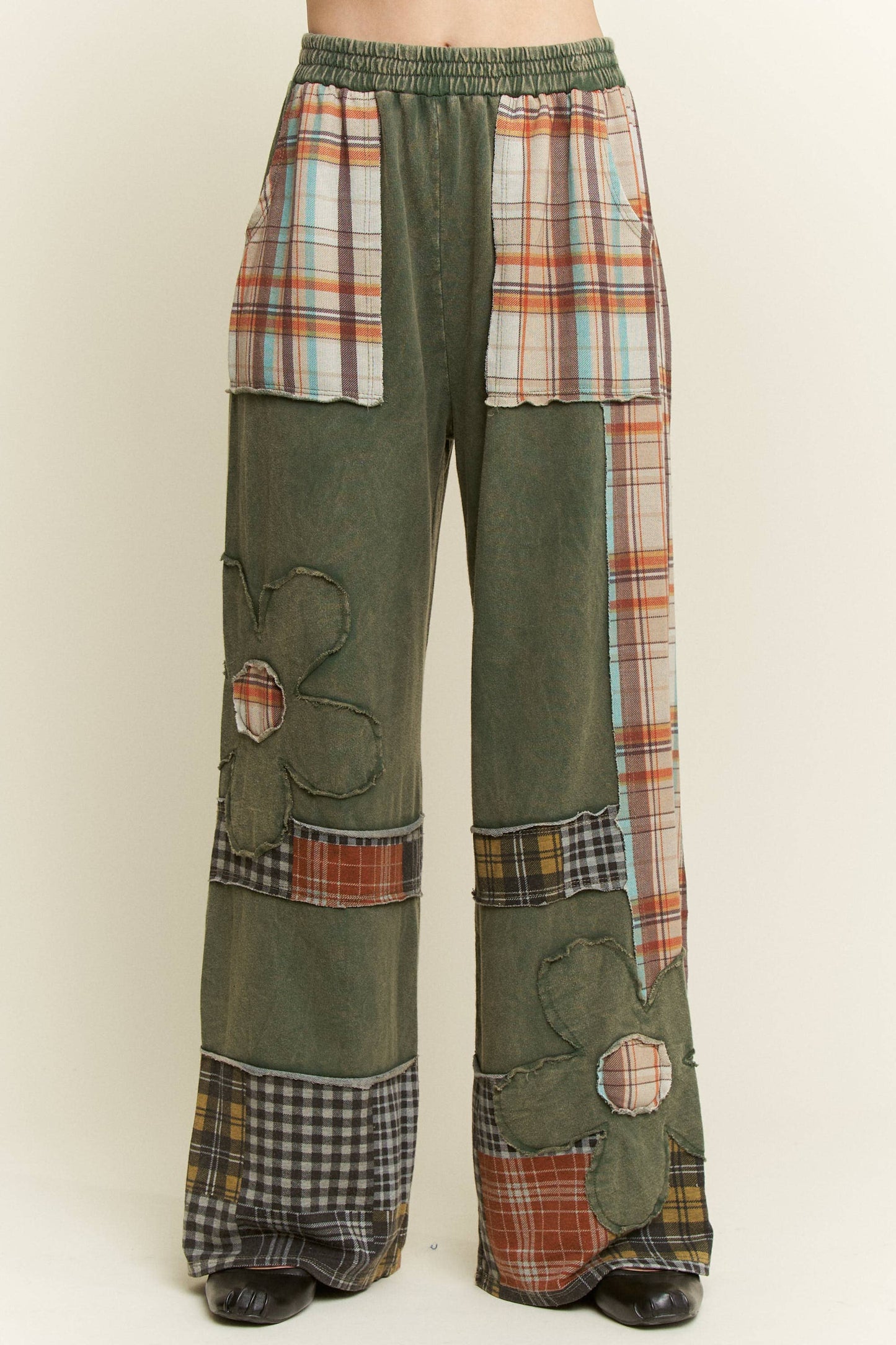 Massie Mineral Washed Plaid Daisy Pants ~ Dark Olive