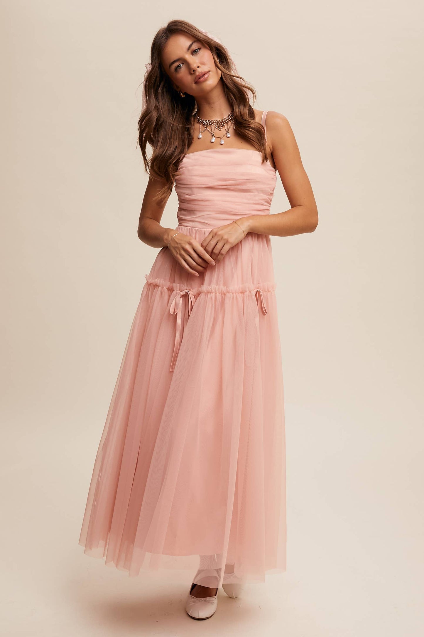 Rosie Ruched Tulle Ribbon Detail Midi Dress ~ Blush