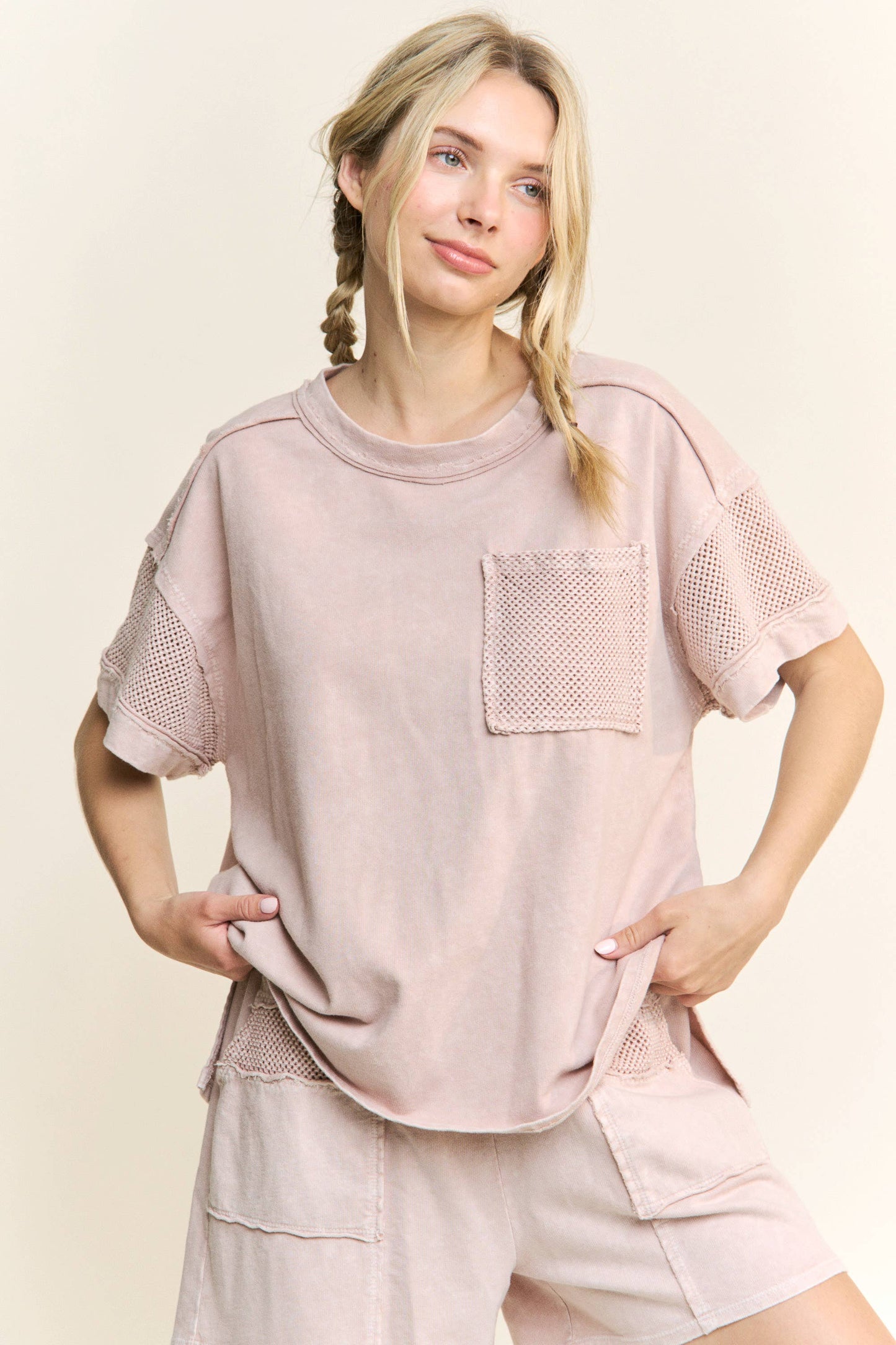Matilda Mineral Wash Mesh Pocket Sleeve Top ~ Clay